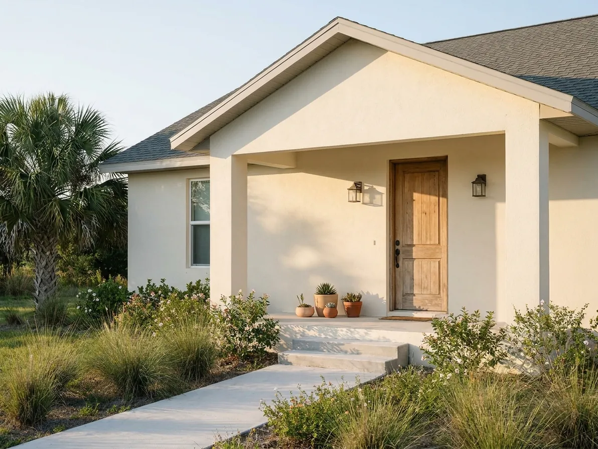 Cream masonry home with a sheltered porch and native grasses