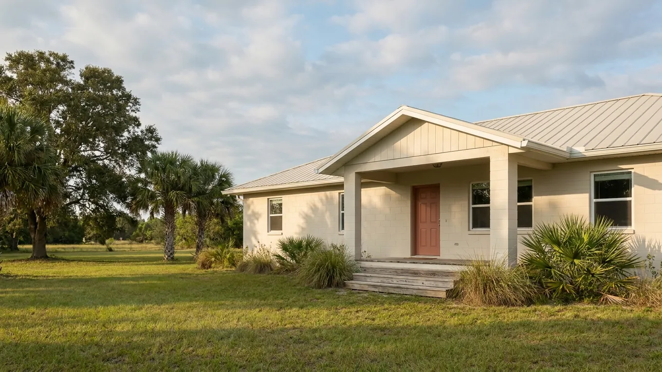 Beige home with a shaded entry and palms in an open yard